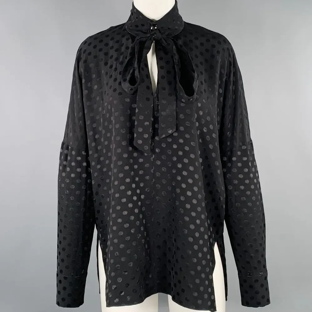 TIBI Size M Black Viscose Dots Bow Blouse